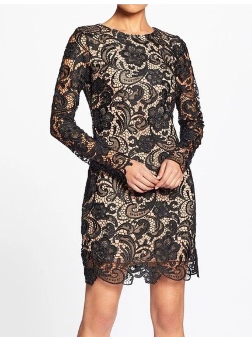 Dress the Population Jessica Lace Mini Dress  Small Black Nude Elegant Formal
